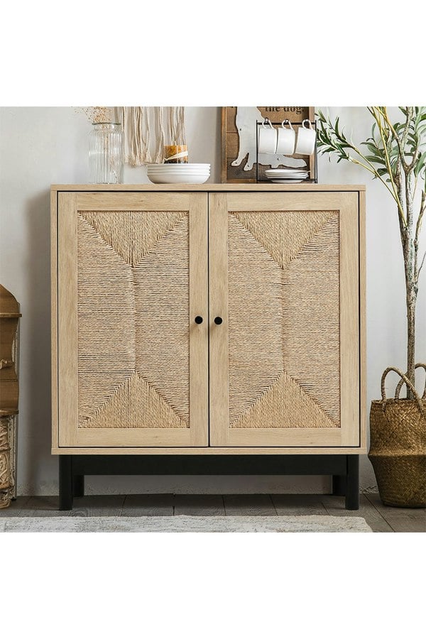 Living and Home Rustic Wooden Sideboard with Woven Doors