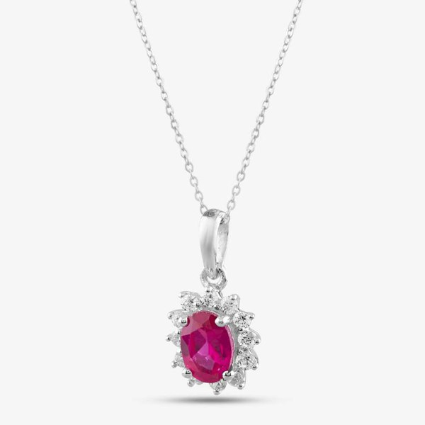 T. H. Baker 9ct White Gold Oval Cut Ruby & Cubic Zirconia Halo Necklace D152307WR