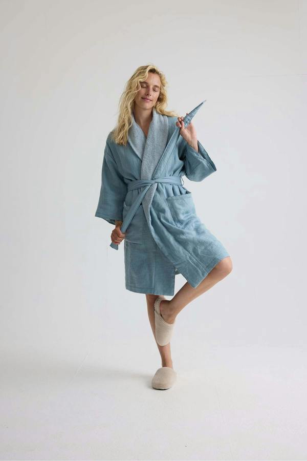 Pretty You London Short Terry Lined Linen Robe In Blue Haze