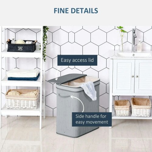 Bobobiy 100L Natural Wood Laundry Basket A Compartment with Flip Lid Removable Lining Handles Board Base Foldable Durable Water-Resistant Dirty Grey