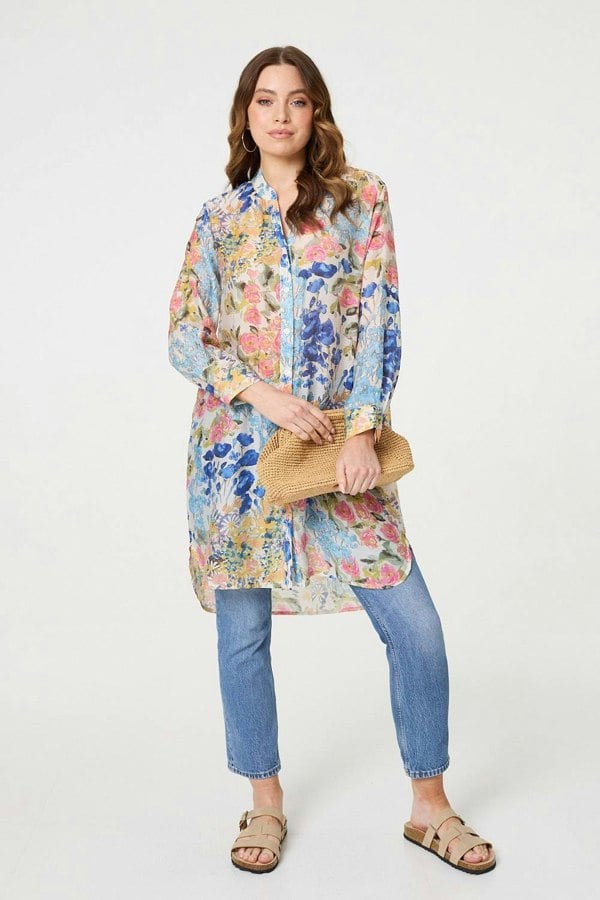 Blue | Floral Print Longline Semi Sheer Shirt
