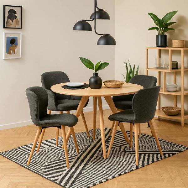 Wyld Haus Hamilton Dining Set Round Natural Oak Effect Wooden Dining Table + 4 Grey Fabric Dining Chairs