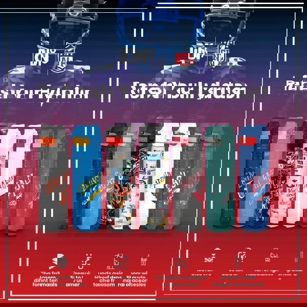 Six water bottles, displaying various NFL team logos, are shown. They are arranged in a row. The background features a blurred image of a football player and the text "Refresh Your Hydration." Choose from 3 different materials. Sizes to suit any user. Hundreds of designs to choose from. Shop our wide range of accessories.