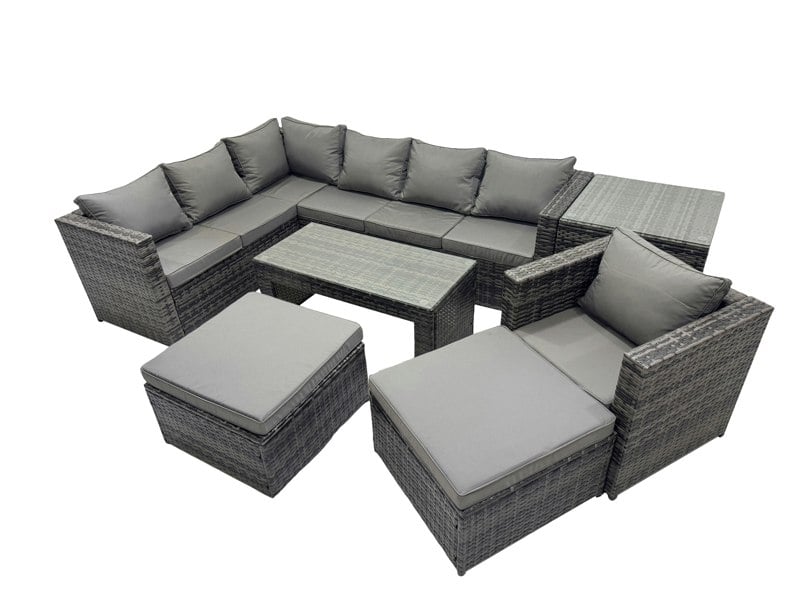 Fimous 7 Pieces Outdoor PE Rattan Garden Furniture Corner Sofa Oblong Coffee Table Set with Cushions 2 Big Footstools Side Table Dark Grey Mixed