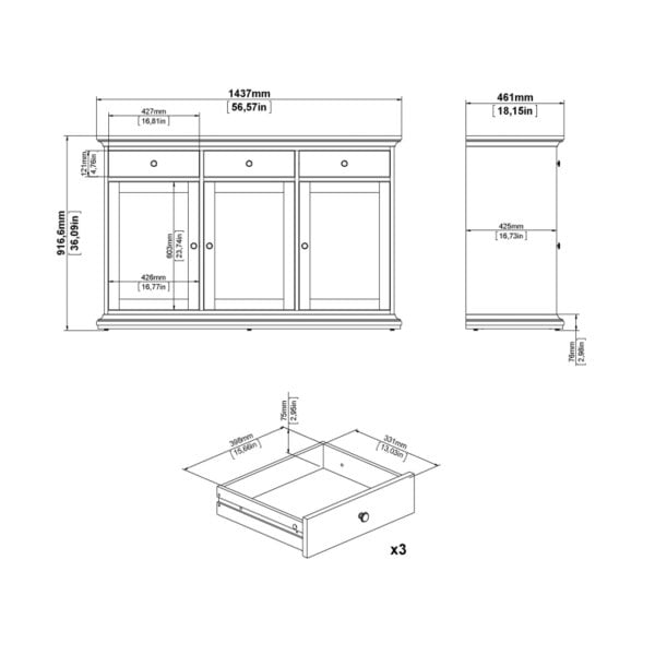 Wyld Haus Osaka Farmhouse White Wooden Sideboard 3 Doors 3 Drawers