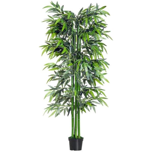 Tall artificial bamboo tree with green leaves in a black pot