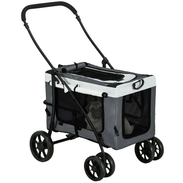 Foldable grey dog stroller with mesh carrier panels and padded seat