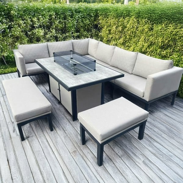 Furnishings For Less L Shaped 9 Seater Beige Garden Patio Set + Fire Pit Table