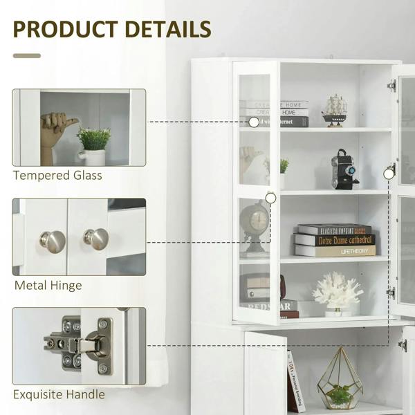 White display cabinet with tempered glass, metal hinges, and decorative handles
