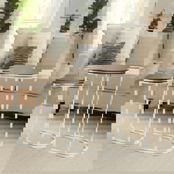 Gr8 Home Nest of 2 Coffee Table White Metal Wooden Woodgrain Side Tables Set Living Room