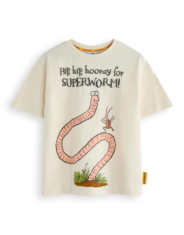 Gruffalo & Friends Superworm Unisex Kids Beige Hip Hip Hooray Short Sleeved T-Shirt