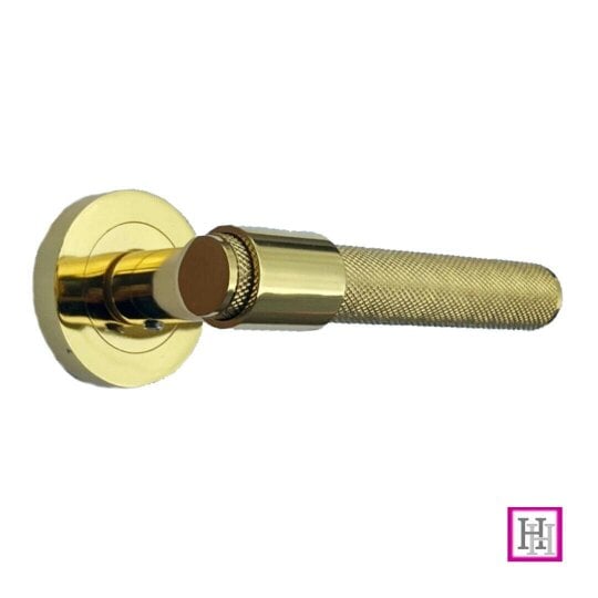 EDH Door Hardware Knurled Door Handles Polished Brass Loop & Neck On Round Rose Latch Handle, 6 Pairs