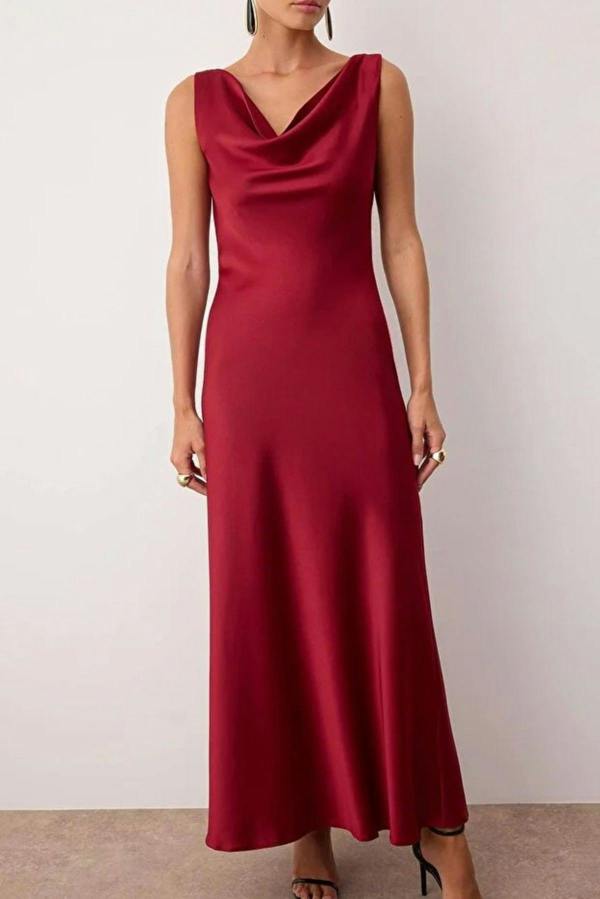 WOVCOR A-Line Cowl Neck Satin Maxi Elegant Dress