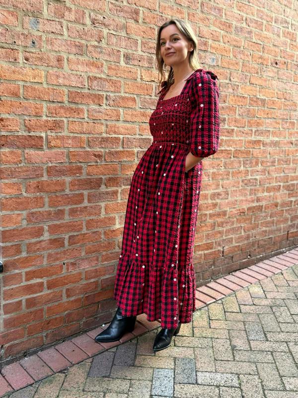Rose & Nancy Steffi Red and Black Daisy Embroidered Check Maxi Dress