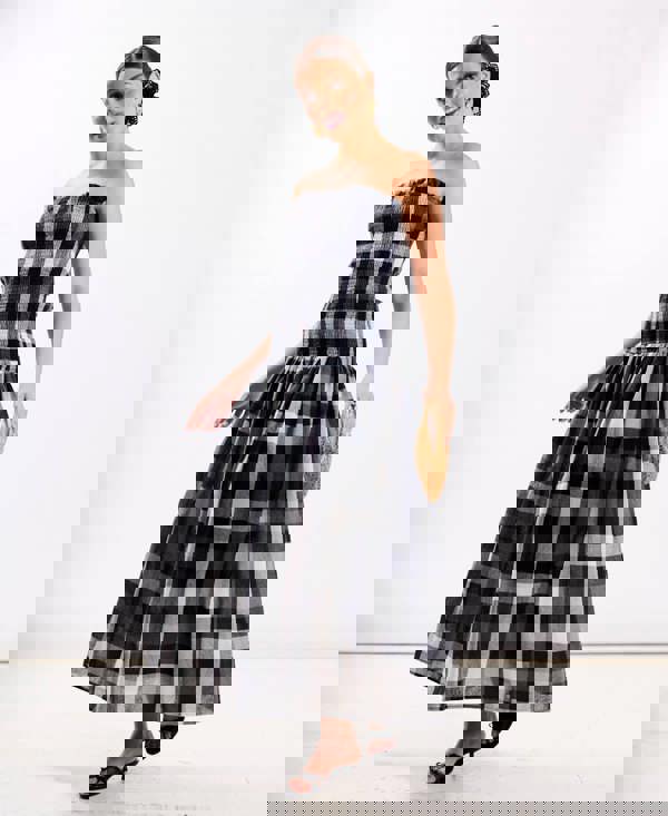 Black Check Bandeau Midi Dress