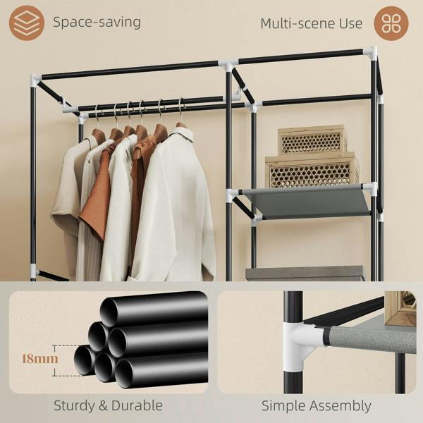 Light grey fabric wardrobe with hanging rail, shelves, and multi-scene use