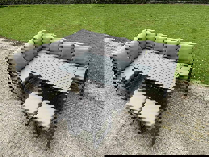 Fimous 8 Seater Aluminium Garden Furniture Set with Rising Table & 2 Footstools - Dark Grey