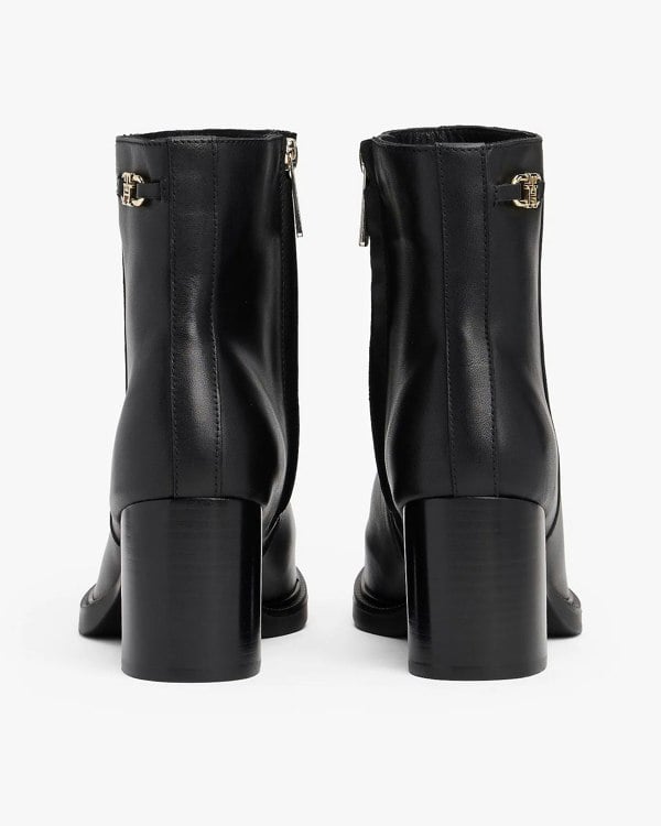 Tommy Hilfiger Stacked Heel Leather Womens Ankle Boots - Black