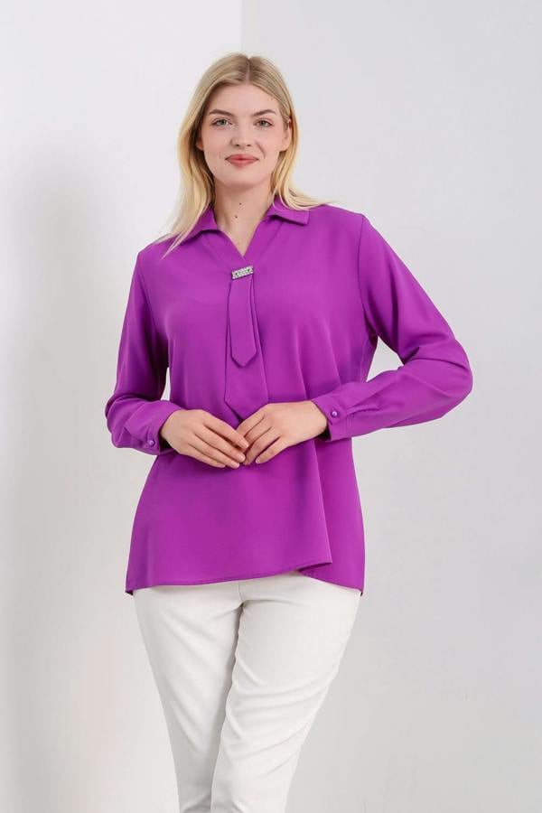 Hoxton Gal Oversized Long Sleeves Shirt Collar Blouse Top with Brooch Detail in Purple