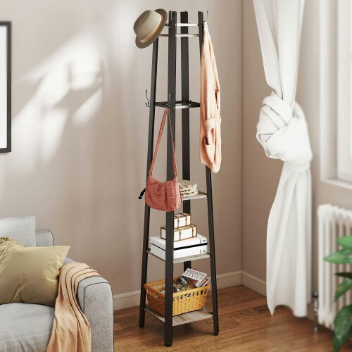 Wyld Haus Savapa Metal And Wood Grey And Black 4 Tier Industrial Coat Stand With Shelves