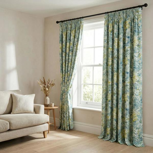 Giverny made-to-measure curtains in Lagoon, styled in a living room