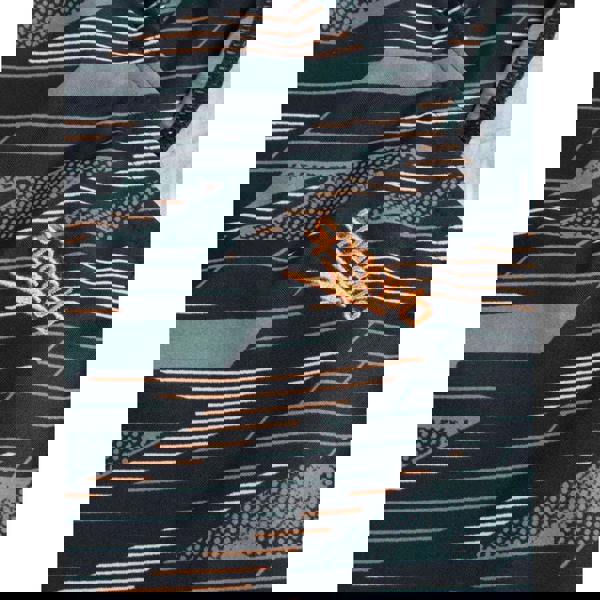 Black Speedo girls hyperboom allover medalist swimsuit with orange white geometric patterns