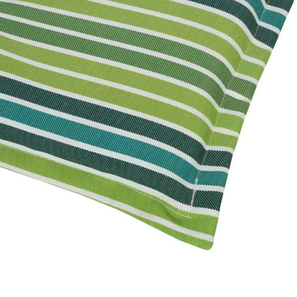 Green and teal striped cushion corner with stitched edge
