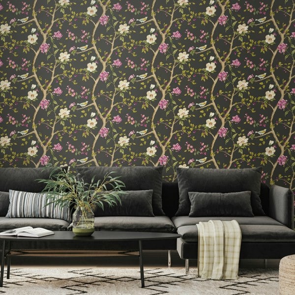 Hoopla Walls Bird Song - Plum & Noir 10m Wallpaper