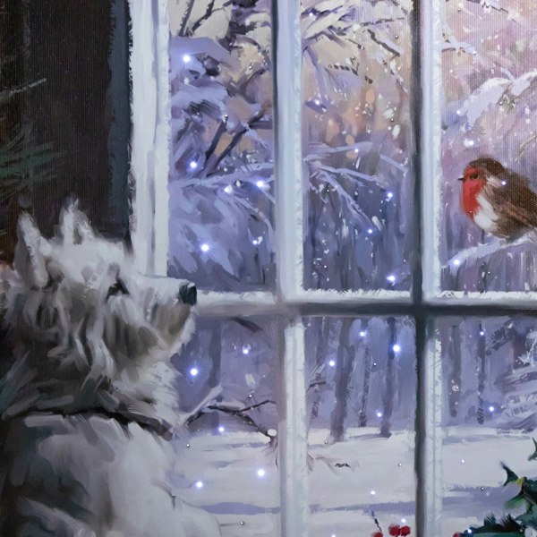 Samuel Alexander 40cm x 30cm Battery Operated Light up Fibre Optic Christmas Dog & Robin Wall Art