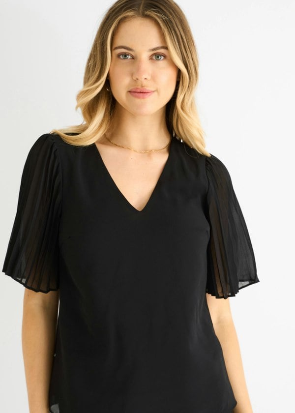 Gini London Black Chiffon Pleat Sleeves V Neck Top