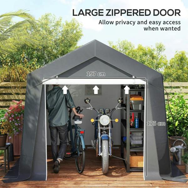 Dark grey storage shed tent with large zippered double door for easy access