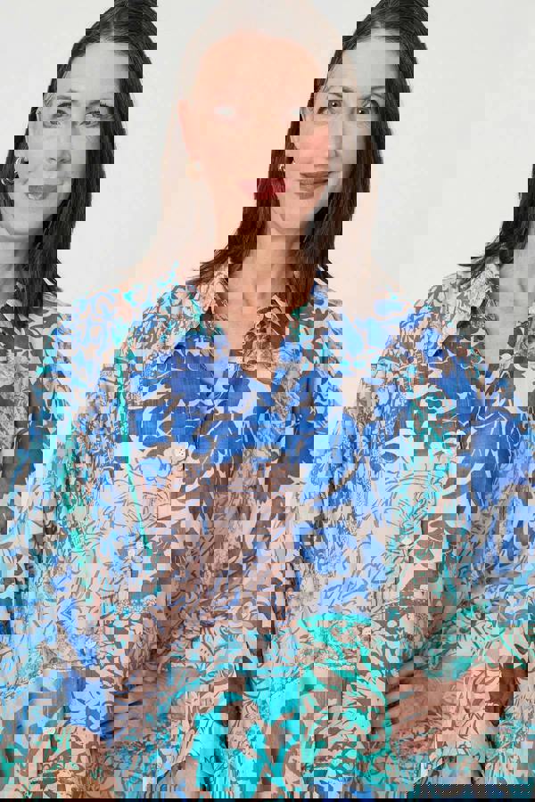 Blue | Leaf Print Longline Relaxed Tunic Shirt