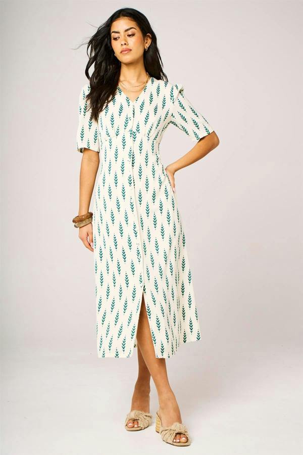 FS Collection Green Leaf Print Button Front Midi Dress In White