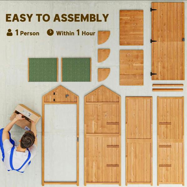Wooden shed door panels and slats laid out for assembly, brown