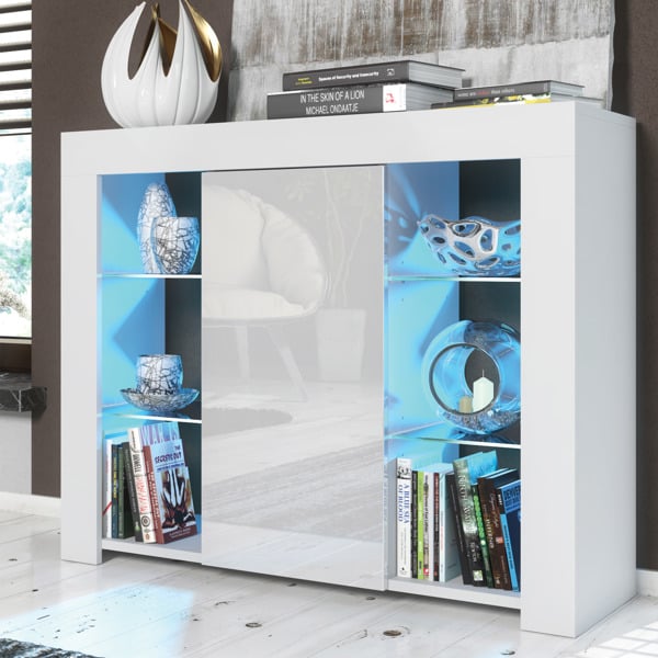 Mex Furniture 97.5cm TV Stand Sideboard – White Gloss Doors with Free LED
