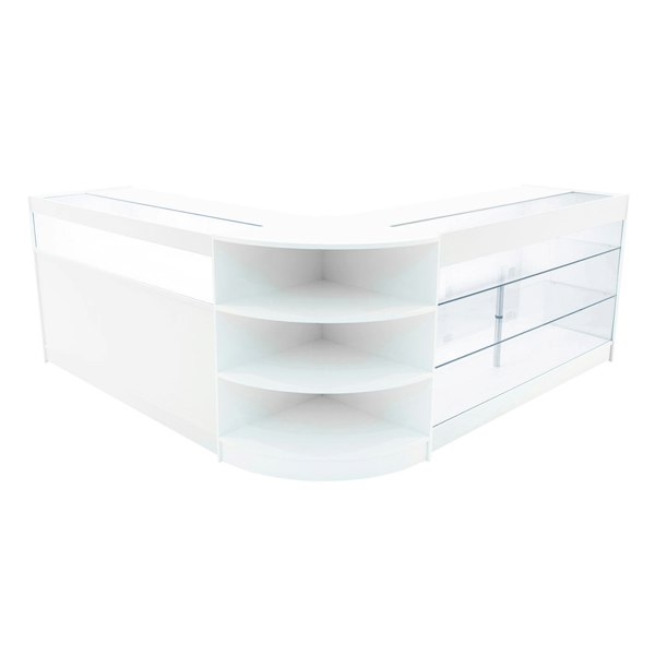 White Demeter LED shop counter set featuring a sleek, modern design with curved shelves and glass display sections for visibility