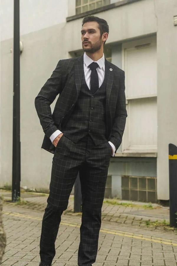 Infinity Leather Men's Black Checked 3 Piece Suit Tailored Fit