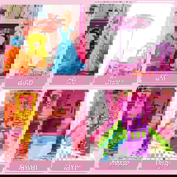 deAO Toys Princess My first Dolls House Kids Pink Grand Four Story Castle Dolls House Playset With Furniture