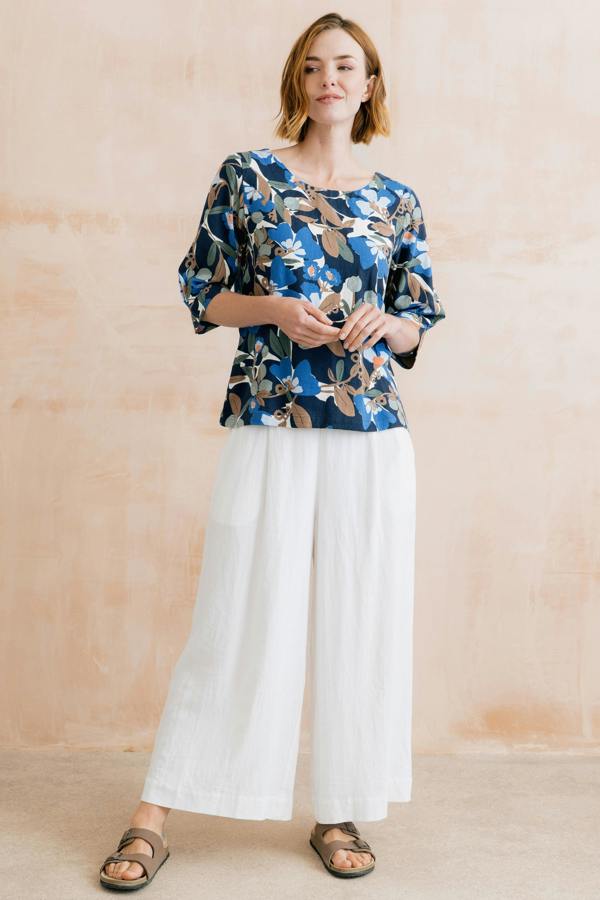 Lily & Me Lakeside Linen Blend Print Top Navy