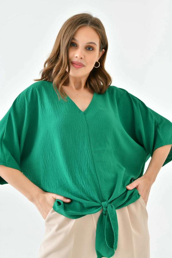 Hoxton Gal Oversized V Neck Tie Front Detailed Blouse with 3/4 Sleeves in Green