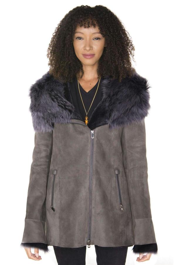 Infinity Leather Womens Grey Suede Hooded Merino Sheepskin Coat-Romsey