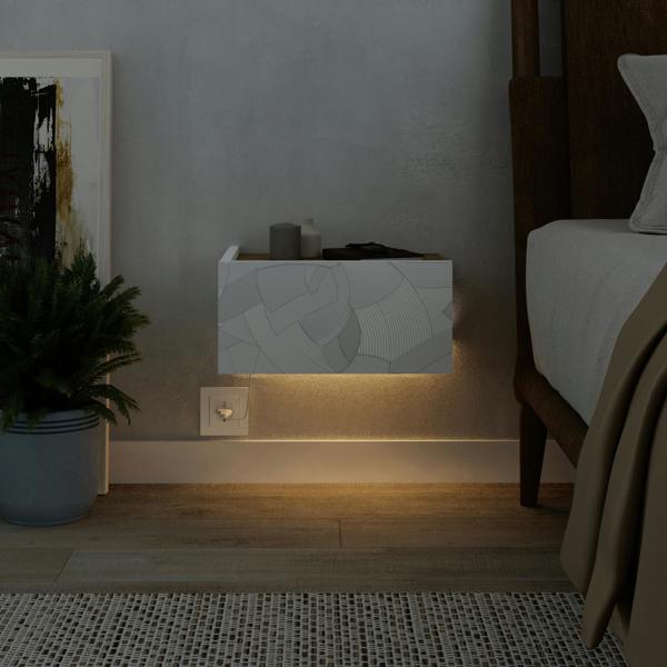 Decortie Floating Bedside Table w/Drawer, Underneath LED Light Handleless Modern Nightstand Wall-Mounted Storage