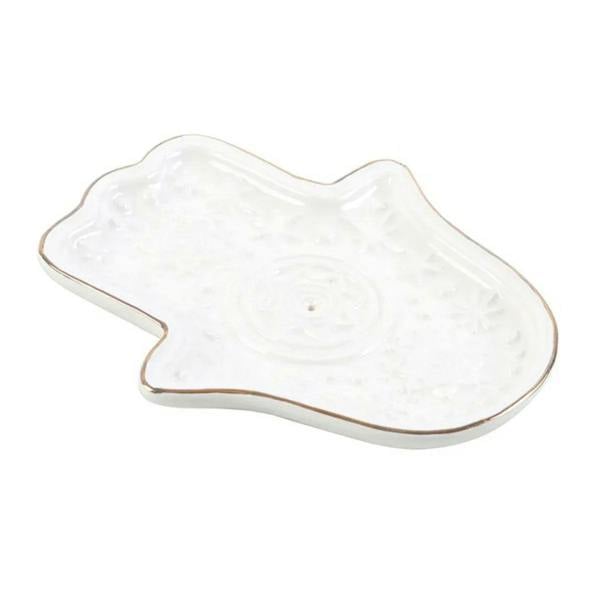 White hamsa hand trinket dish with embossed center swirl, no incense