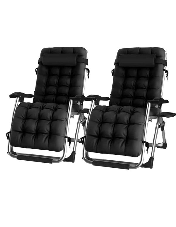 Groundlevel Pair of Luxury Gravity Garden Sun Lounger / Relaxer Chair with Cushion