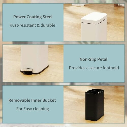 Bobobiy 5L Rectangular Compact Bin Steel Body Removable Bucket Quiet-Close Lid with Pedal Lid Rubbish Trash Can Office Bedroom Bathroom Living White