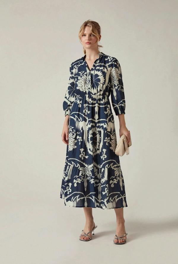 Front view of the Navy Ornamental Print Tiered Midi Dress by James Lakeland against a beige studio background