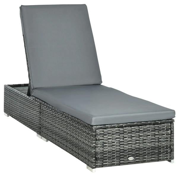 Grey PE rattan sun lounger recliner with padded seat and upright backrest cushion