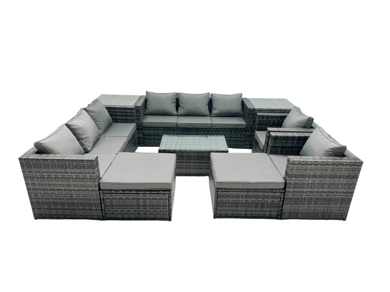 Fimous Rattan Garden Furniture Dining Set 10 seater Patio Coffee Table Sofa Set with 2 Big Stools 2 Side Tables Dark Grey Mixed