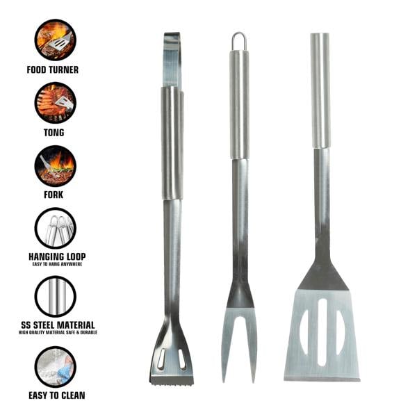 Fusion Food Care Fusion Food BBQ Tool Set of 3 Premium Barbecue Utensils BBQ Food Turner Tong and Fork Stainless Steel BBQ Tool Set