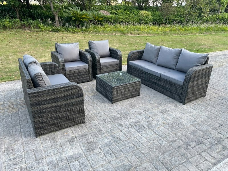 Fimous PE Rattan Garden Furniture Set Adjustable Chair Sofa Double Love Seat 2 Seater Sofa Lounge Set Square Coffee Table